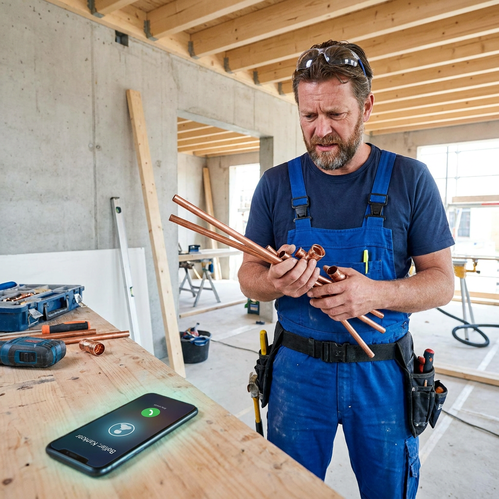 Vakman op een bouwplaats met rinkelende telefoon die hij niet kan opnemen