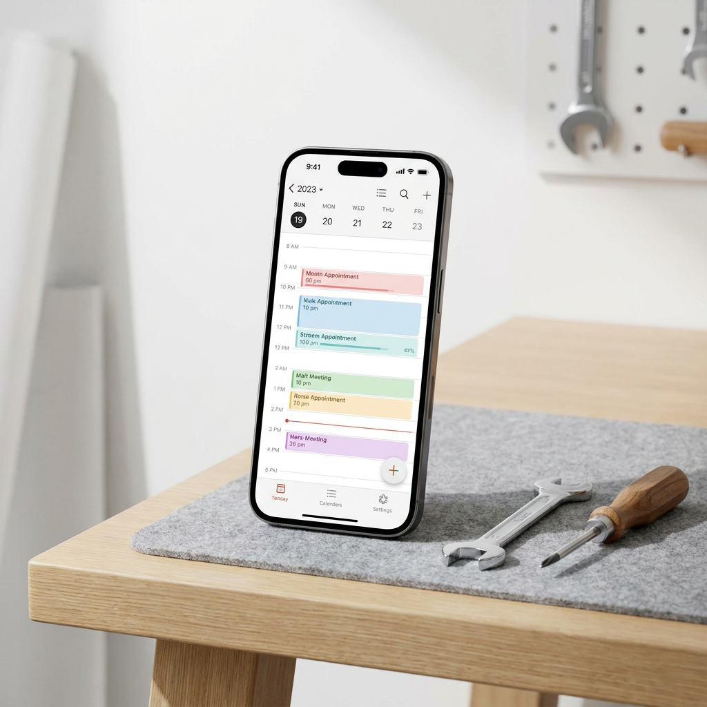 Smartphone met agenda-app die automatisch afspraken inplant naast gereedschap